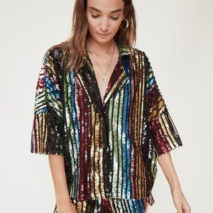 LPA Shirt 193 Pajama Style Multi Color Rainbow Sequin Top Blouse